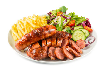 Chorizo barbacoa con patatas y ensalada