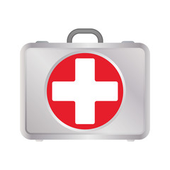 First AID kit in silver metall color with red cross.