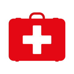 Obraz premium Red first aid kit, vector isolated . Health, help and medical diagnostics concept