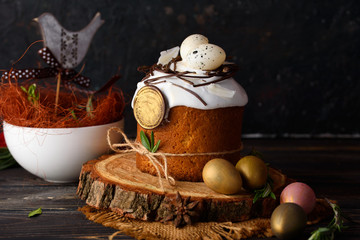 Easter cake in rustic style with quail eggs