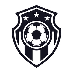 Monochrome, football flat icon, soccer ball, shield and stars. Sport games. Vector illustration, isolated on white background. Simple shape for design logo, emblem, symbol, sign, badge, label, stamp.