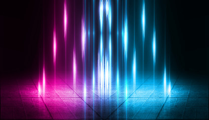 Empty background scene. Dark street, a reflection of blue and pink neon light on wet pavement. Rays of light in the dark, smoke. Night view of the street, the city. Abstract dark background.