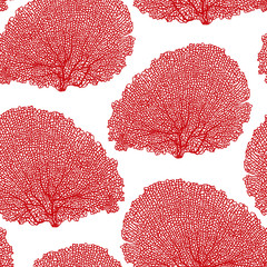 Coral Seamless Vector Pattern. Bright summer pattern for textiles, pillow, interior decoration, web page background, wrapping paper, cosmetics. Red and white colors - 260081148