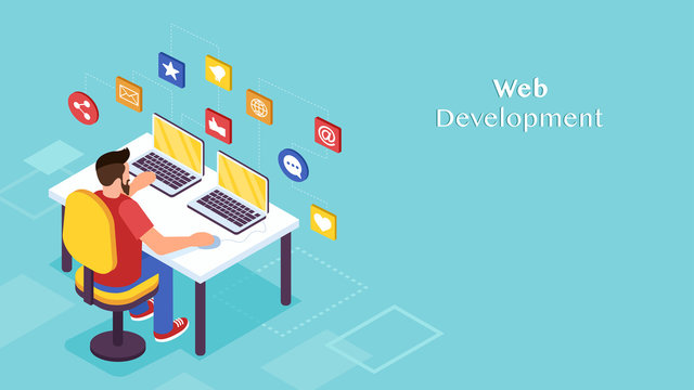 Isometric vector of freelancer programmer working on computer