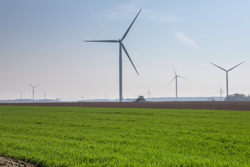 WIndkraftanlagen hinter frischem grünem Feld