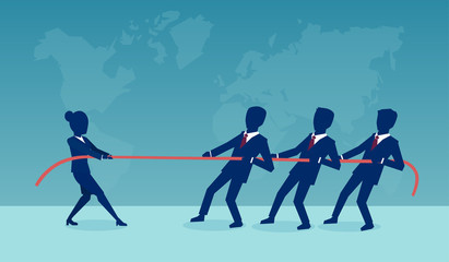 Vector of a businesswoman in a tug war with a group of male coworkers