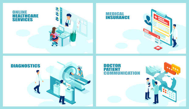 Isometric vector collage set for online medical services, healthcare insurance, imaging diagnostics and doctor communication.