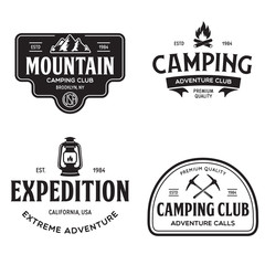Obraz premium Summer camp with design elements. Camping and outdoor adventure emblems. Vintage typography design with mountain, lamp and campfire silhouette.