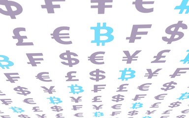 Bitcoin and currency on a white background. Digital Cryptocurrency symbol. Business concept. Market Display. 3D illustration
