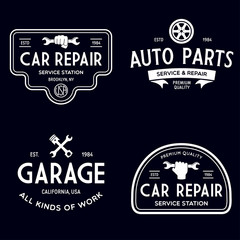 Fototapeta premium Set of vintage monochrome car repair service templates of emblems, labels, badges and logos. Service station auto parts tires shop mechanic on duty.