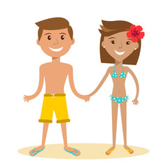 Flat Couple in swimsuits holding hands on white vector illustration. Vacation concept.