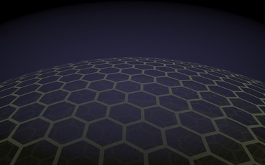 Multilayer sphere of honeycombs, purple on a dark background, social network, computer network, technology, global network. 3D illustration