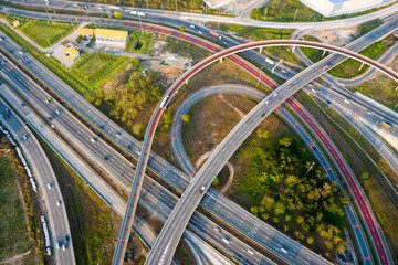 Aerial view and Top view. Traffic of expressways, motorways and highways