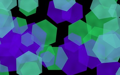 Multicolored translucent hexagons on dark background. Green tones. 3D illustration