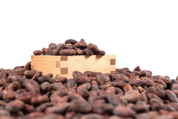 A lot of Cocoa bean in wooden box isolated on white background.