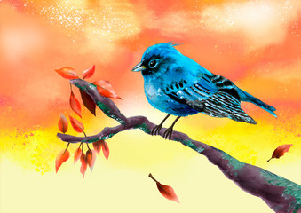 Blue bird in the sunset - Watercolor illustration