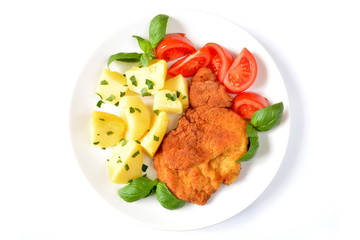 kotlet schabowy z ziemniakami i pomidorem