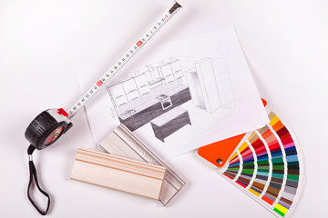 Sketch of kitchen furniture and color palette on a white background. Custom-made furniture