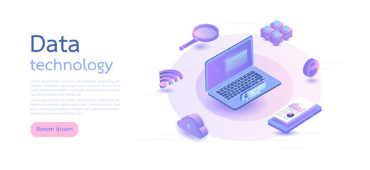 Isometric digital technology. Big data, cloud information storage, global transferring technology. web design, banner and presentation. Isometric vector illustration.