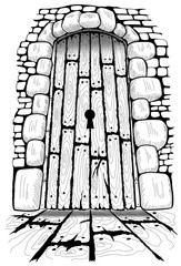 Fragment of the old building, closed wooden entrance door, vector illustration.