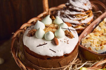Congratulatory Easter cake in the basket, Traditional Kulich, Paska  ready for celebration
