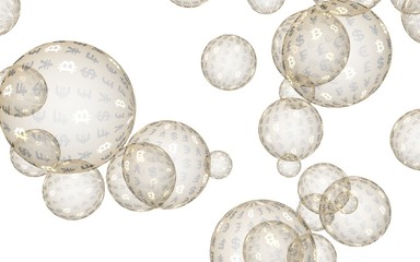 Bitcoin economic financial bubble. Cryptocurrency 3D illustration. Business concept. Gold bubbles on white background. Bit, Coin, mining concept