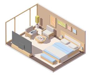 Fototapeta na wymiar Vector isometric hotel room interior with double bed, big window, tv, chairs and table