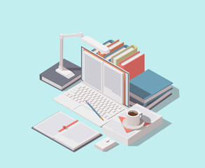 Vector isometric online education or media book library concept. Laptop with opened book on screen, books, documents and cup of coffee. Vector isometric illustration