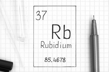 Handwriting chemical element Rubidium Rb with black pen, test tube and pipette.