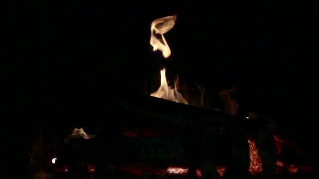 wood are burning in fireplace in darkness, slow motion view, flame are moving up