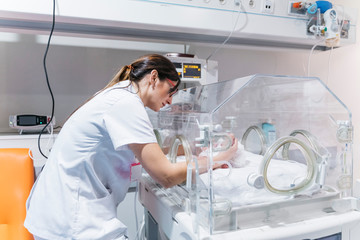 Female doctor examining newborn baby in incubator - obrazy, fototapety, plakaty
