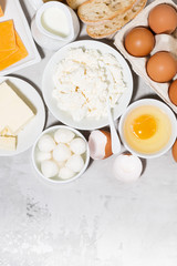 assortment of fresh dairy products on white background, vertical top view