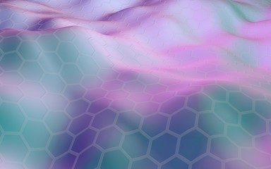 Colorful honeycomb with a gradient color on a light background. Perspective view on polygon look like honeycomb. Wavy surface. Isometric geometry. 3D illustration