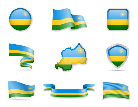 Rwanda flags collection. Vector illustration set flags and outline of the country.
