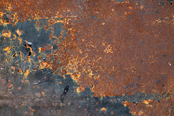 Old metal iron rust background and texture. Rusty metal wall covered with cracked paint