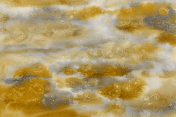 Yellow spring watercolor texture with abstract washes and brush strokes on the white paper background. Chaotic abstract organic design.