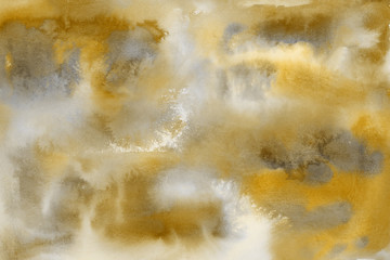 Yellow spring watercolor texture with abstract washes and brush strokes on the white paper background. Chaotic abstract organic design.