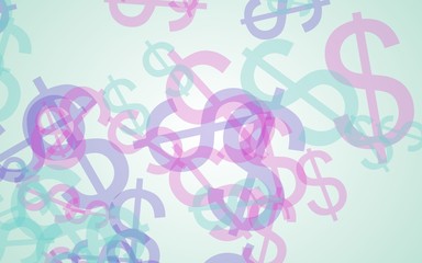 Multicolored translucent dollar signs on white background. Red tones. 3D illustration