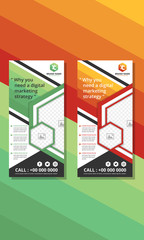 Fototapeta premium Template of vertical roll-up banner with hexagonal elements for a photo collage. green and orange colors design flyer for business and advertising. Vector illustration