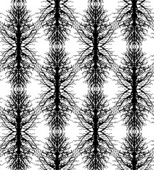 black and white abstract seamless pattern, based on the element in the form of a stylized silhouette of a tree