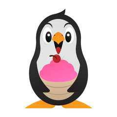 Baby Penguin hug a bowl of strawberry ice cream Cartoon Vector