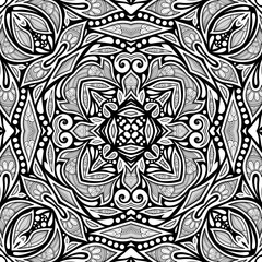 Monochrome Seamless Pattern with Floral Ethnic Motifs