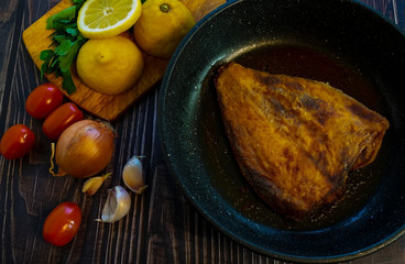 Fried flounder. Home cooking in a rustic style.