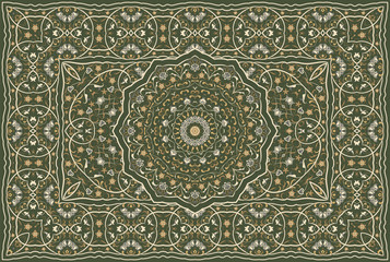 Vintage Arabic pattern. Persian colored carpet. Rich ornament for fabric design, handmade, interior decoration, textiles. Green background. - 260093363