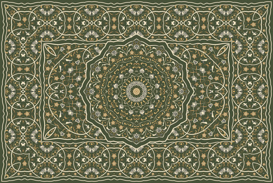 Vintage Arabic pattern. Persian colored carpet. Rich ornament for fabric design, handmade, interior decoration, textiles. Green background.