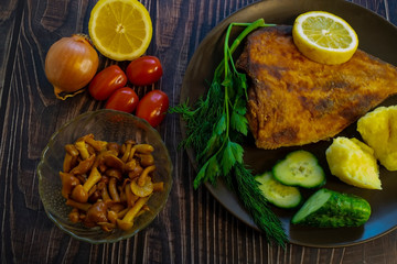 Fried flounder. Home cooking in a rustic style.
