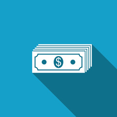 Fototapeta premium Paper money american dollars cash icon isolated with long shadow. Money banknotes stack with dollar icon. Bill currency. Flat design. Vector Illustration