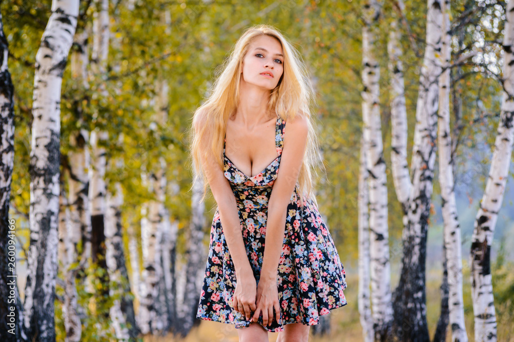 Wall mural An attractive girl with long hair in a short dress walks in the Park.