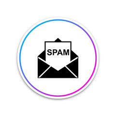 Envelope with spam icon isolated on white background. Concept of virus, piracy, hacking and security. Circle white button. Vector Illustration