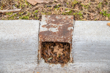 Rusted metal water drain in cement curb stopped up and filled with debris of dirt and leaves - closeup and selective focus